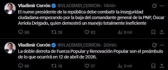 Desde la clandestinidad, Cerrón exige la baja del comandante general Óscar Arriola. X/ @VLADIMIR_CERRON.