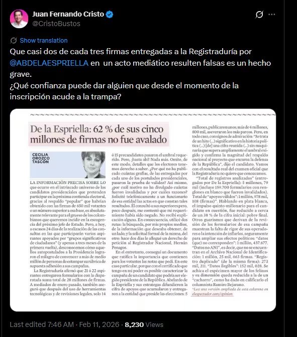 Juan fernando Cristo cuestión la veracidad de las firmas presentadas por Abelardo de la Espriella durante la inscripción de su candidatura presidencial - crédito @CristoBustos/X