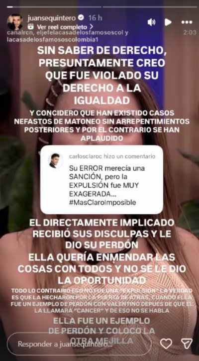 Juanse aseguró que se le habrían violado los derechos a Johanna tras la expulsión de 'La casa de los famosos' - crédito @juansequintero/ Instagram