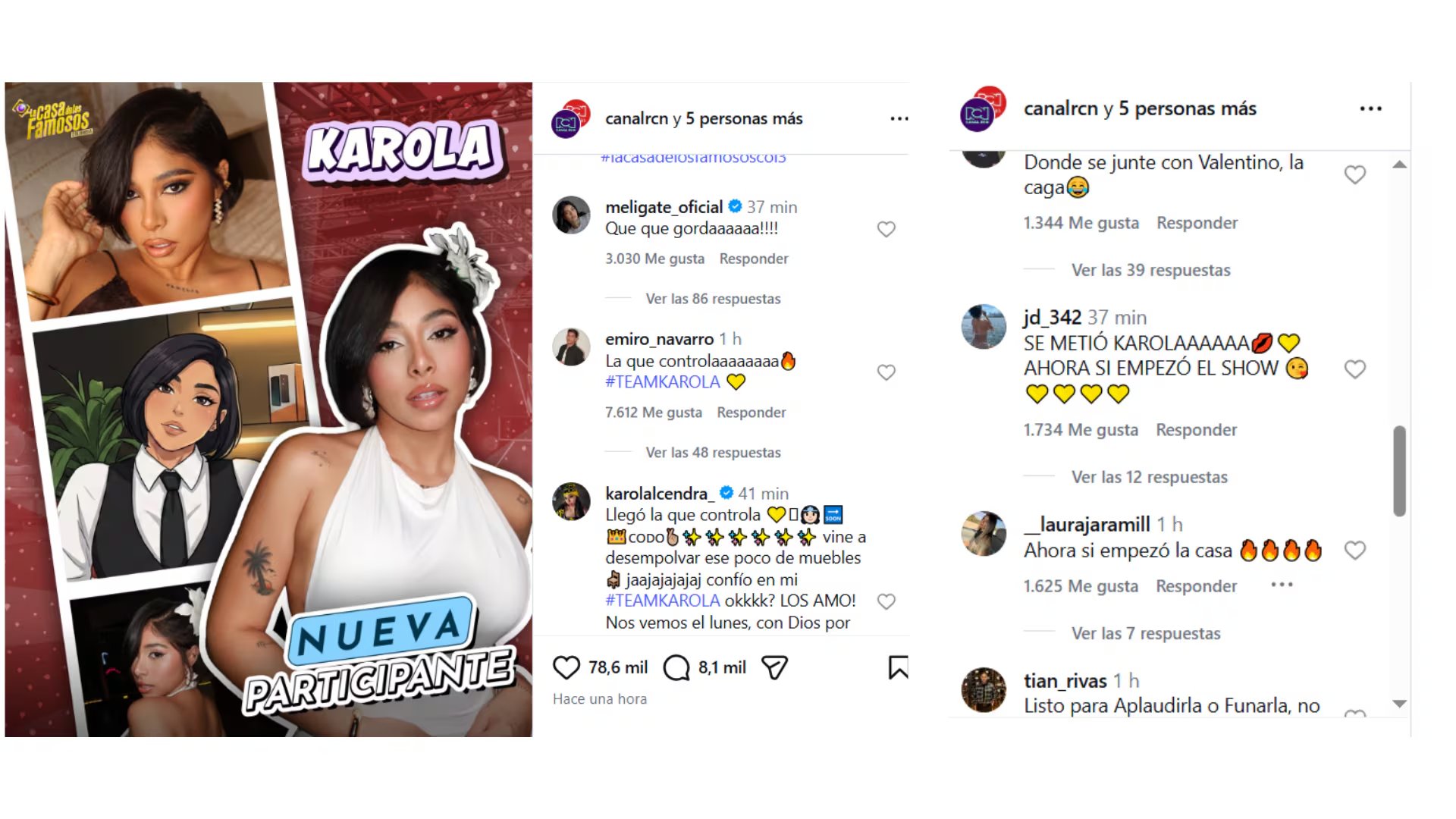 Así reaccionaron los seguidores del show al ingreso de Karola a 'La casa de los famosos' - crédito @lacasadelosfamososcolombia1/ Instagram