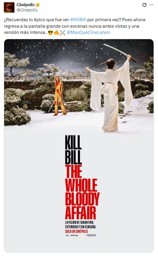 La cadena Cinépolis anunció esta esperada función extendida, que reúne la visión original de Tarantino. (X/ @Cinepolis)