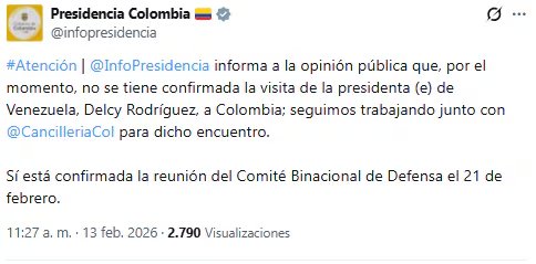 El Gobierno nacional señaló que la mandataria venezolana estará en el Comité Binacional de Defensa - crédito @infopresidencia/X