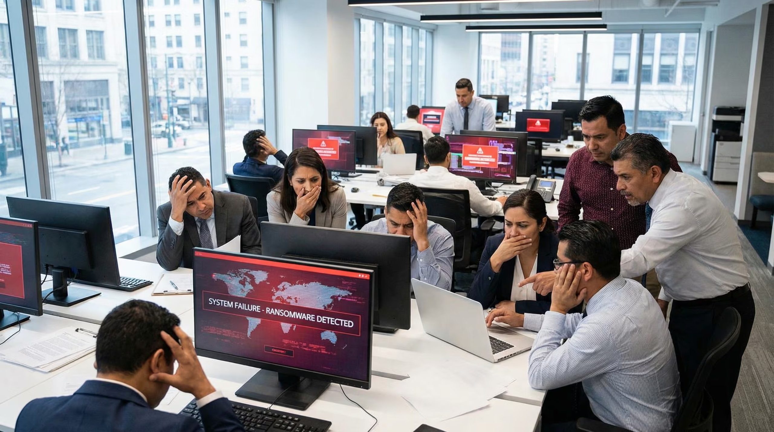 Trabajadores latinos muestran preocupación mientras lidian con un ciberataque de ransomware en la oficina. (Imagen Ilustrativa Infobae)