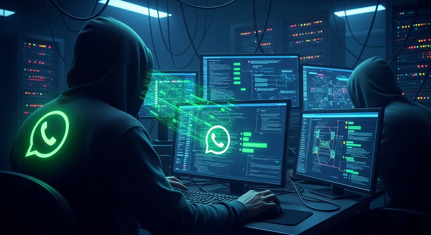 En la imagen, varios individuos encapuchados operan computadoras en una sala de servidores, con el logotipo de WhatsApp destacado en sus sudaderas y pantallas. La escena ilustra un ciberataque sofisticado enfocado en la plataforma de mensajería, resaltando la creciente amenaza de la ciberdelincuencia y la vulnerabilidad de los datos personales en aplicaciones populares. (Imagen Ilustrativa Infobae)