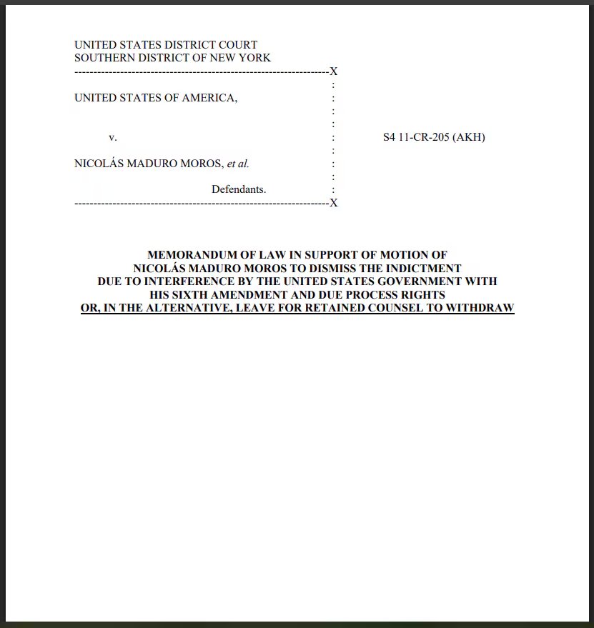 Facsímil de la presentación formalizada por la defensa de Maduro para dilatar su juicio por narco terrorista