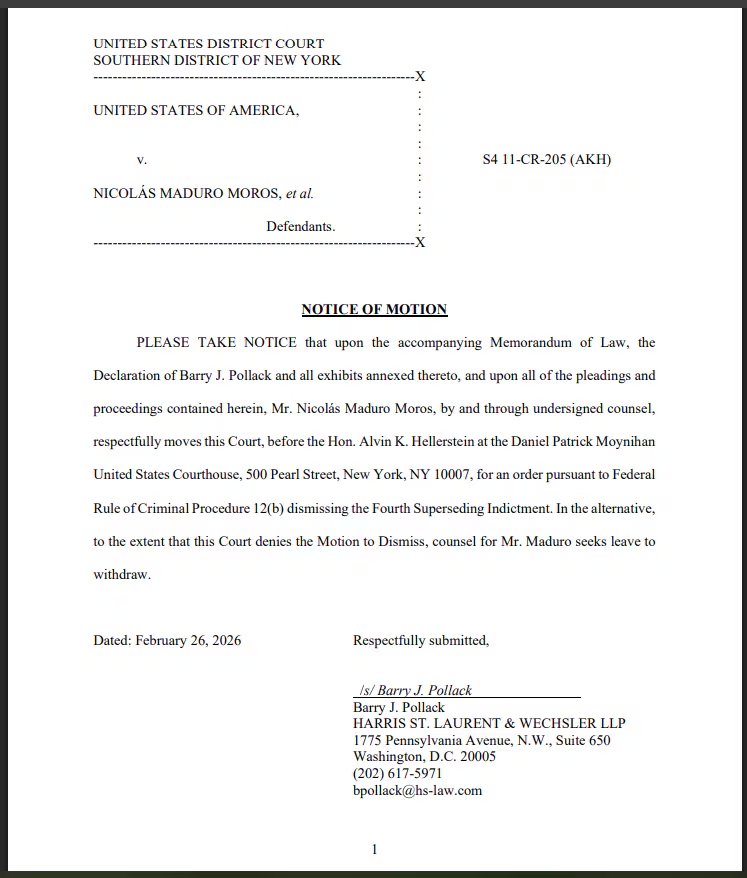 Facsímil de la presentación formalizada por la defensa de Maduro para dilatar su juicio por narco terrorista
