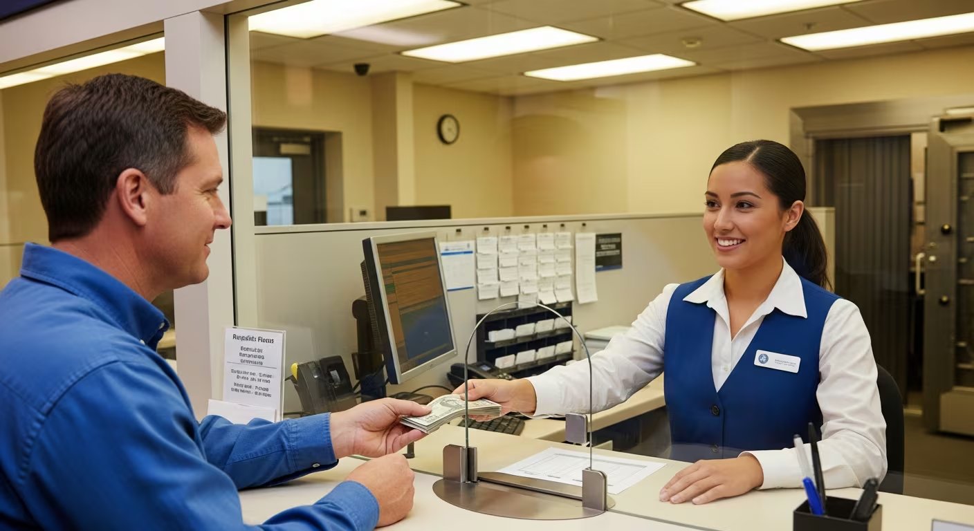 Una empleada bancaria atiende con amabilidad a un cliente durante una operación en ventanilla, asegurando un servicio eficiente y seguro en una sucursal moderna. (Imagen Ilustrativa Infobae)