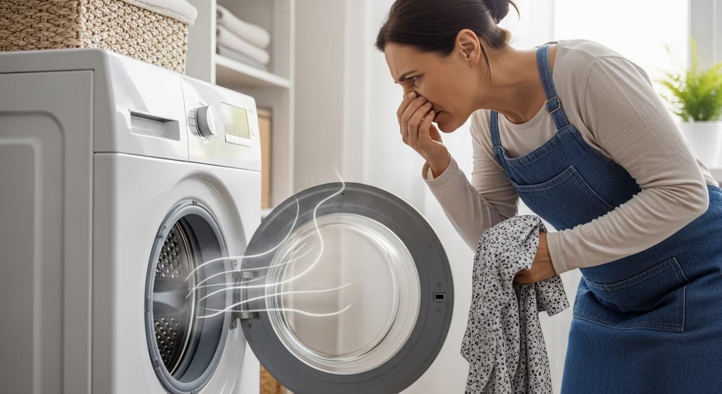 Una mujer reacciona al mal olor proveniente del interior de una lavadora doméstica en su hogar. (Imagen Ilustrativa Infobae)