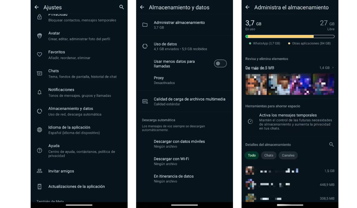 El acceso a la gestión de espacio se realiza desde el menú de ajustes y muestra el desglose del uso de la memoria por parte de la app. (Foto: WhatsApp)