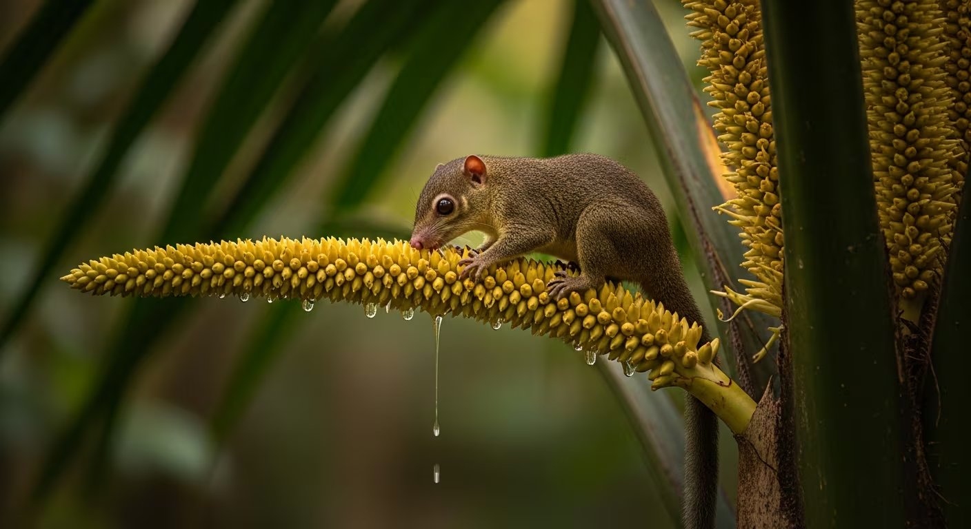 Siete especies de musarañas arborícolas del sudeste asiático consumen néctar de palmeras bertam rico en alcohol (Imagen Ilustrativa Infobae)