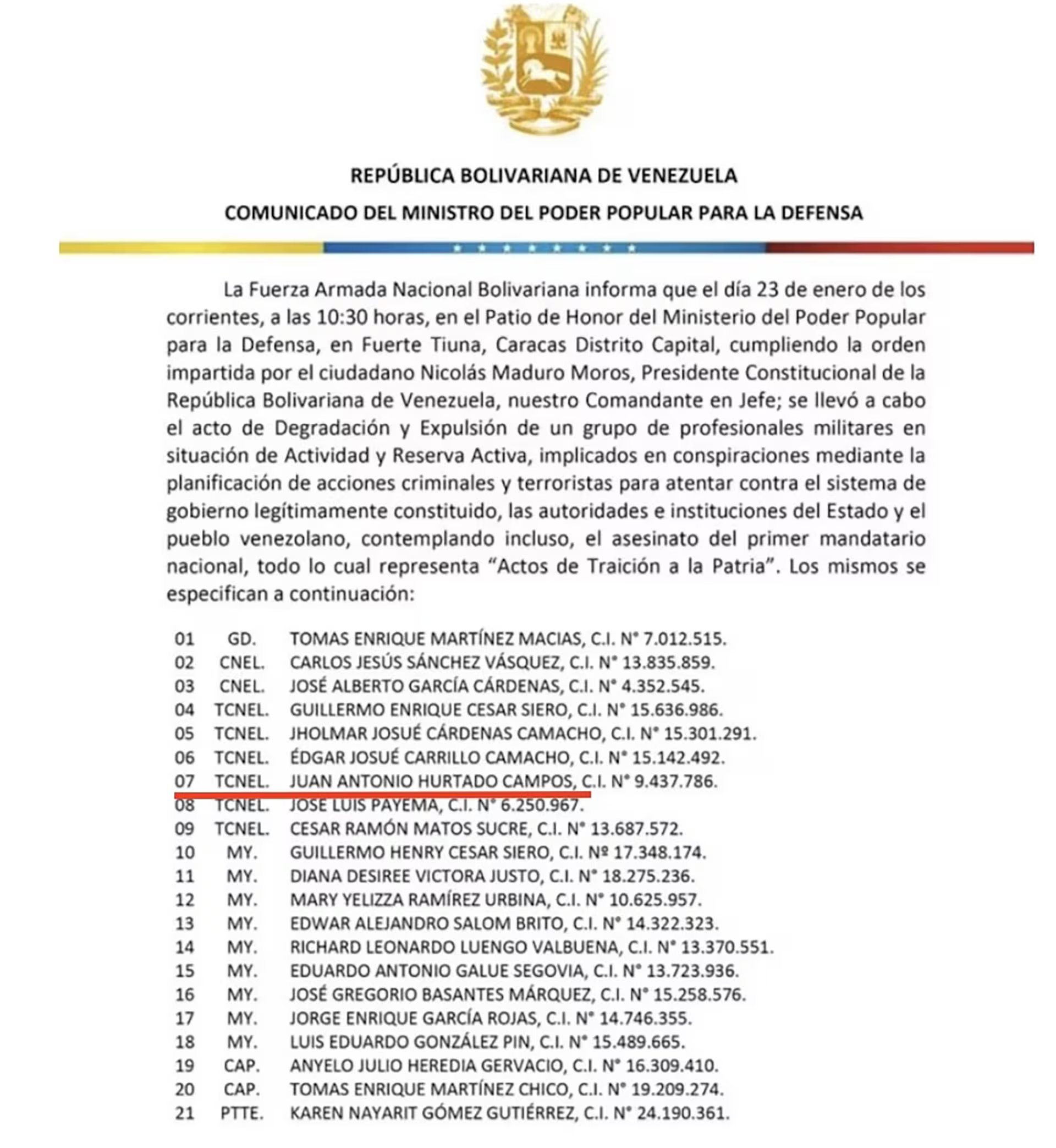 En la lista suscrita por el ministro de la Defensa de los que expulsarían y degradarían de la FANB aparece el Tcnel Hurtado