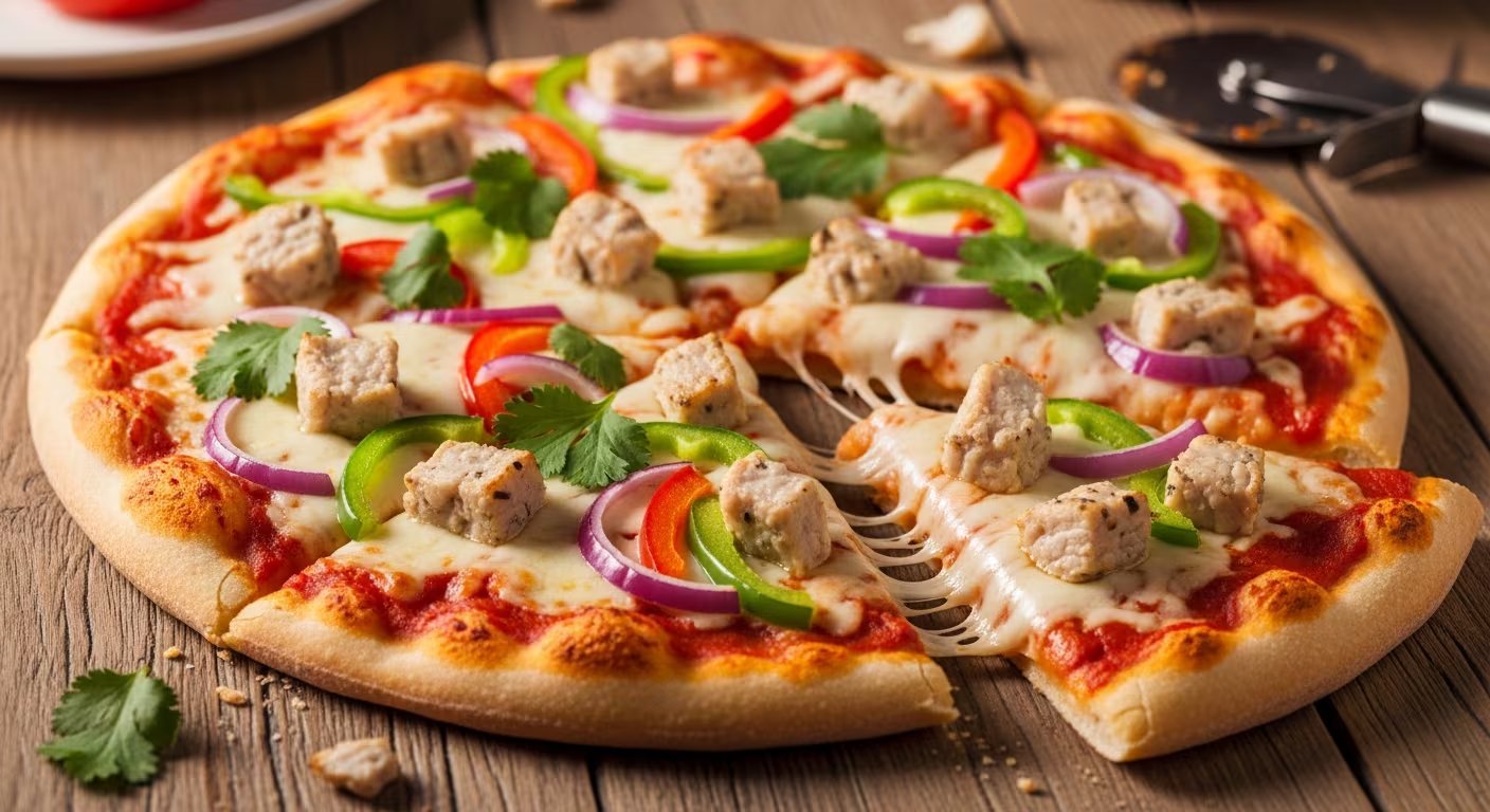 Una innovadora pizza de iguana con queso fundido, pimientos verdes y rojos, cebolla morada y cilantro fresco, de la cual se ha extraído una porción, mostrando el estiramiento del queso. (Imagen Ilustrativa Infobae)