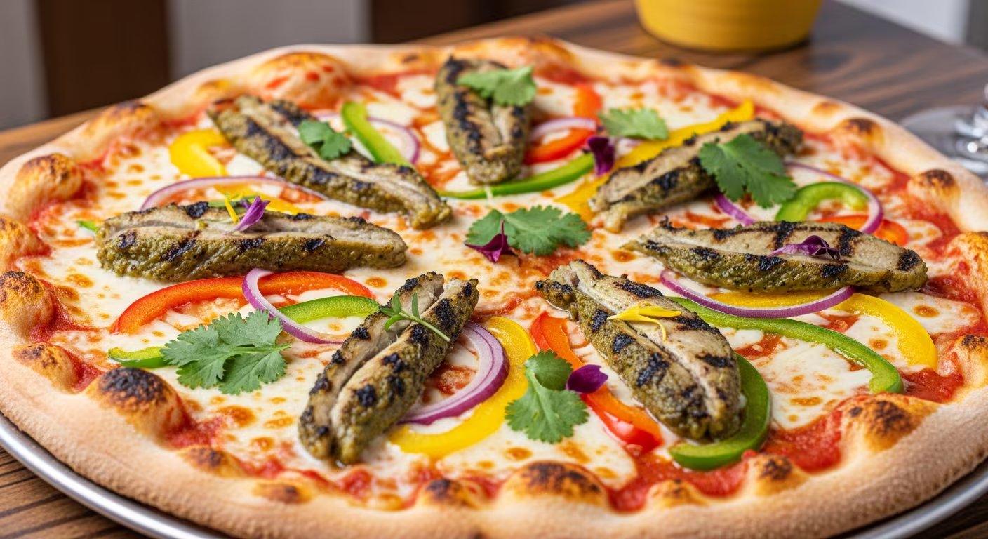 Una pizza artesanal con base de tomate y queso, cubierta con pimientos de colores, cebolla morada, cilantro fresco y trozos de carne de iguana asada a la parrilla. (Imagen Ilustrativa Infobae)