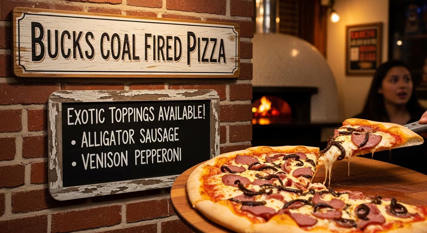 Una porción de pizza con aderezos exóticos como salchicha de caimán y pepperoni de venado se levanta de una pizza recién hecha en Bucks Coal Fired Pizza, con un horno de carbón al fondo. (Imagen Ilustrativa Infobae)