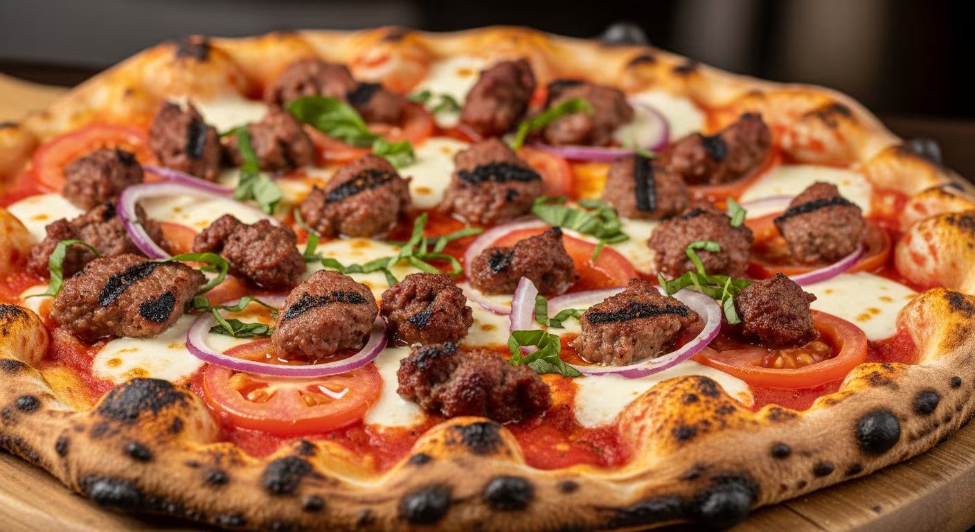 Una pizza innovadora con trozos de caimán y venado, rodajas de tomate, cebolla morada y albahaca fresca, representa la audaz oferta de sabores no convencionales en Bucks Coal Fired Pizza, atrayendo a una clientela curiosa. (Imagen Ilustrativa Infobae)