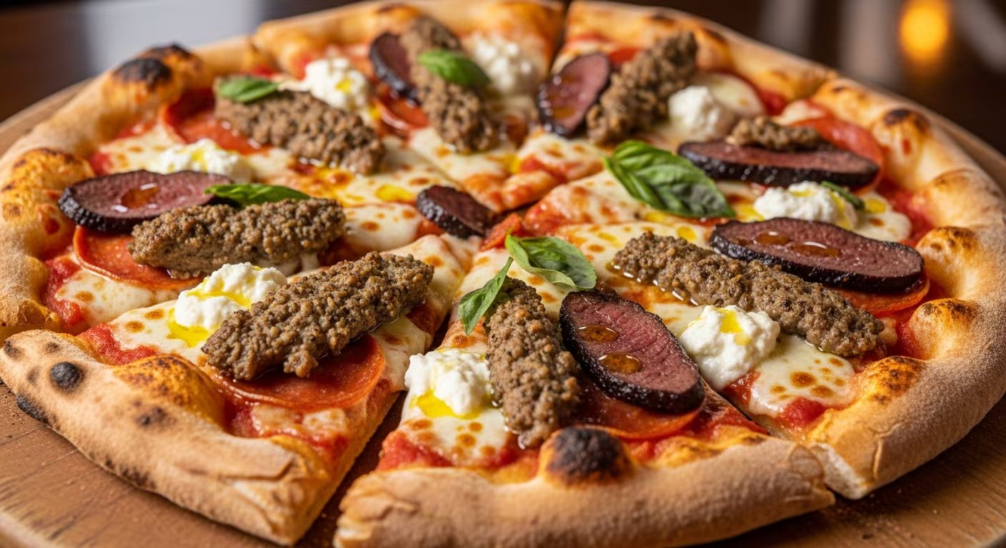Una innovadora pizza de Bucks Coal Fired Pizza, adornada con caimán molido, finas rebanadas de venado, pepperoni, queso mozzarella y ricotta, y hojas de albahaca fresca, desafía los paladares tradicionales. (Imagen Ilustrativa Infobae)