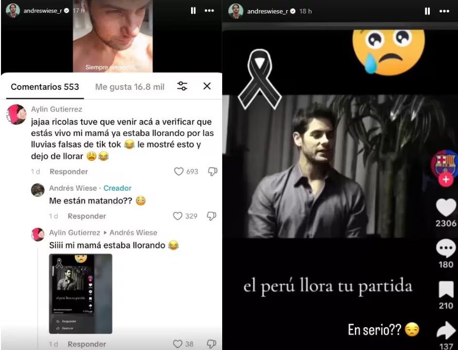 El actor peruano Andrés Wiese responde a los comentarios sobre su supuesto fallecimiento, desmintiendo la noticia falsa que se viralizó en TikTok y que preocupó a sus seguidores. (Instagram Andrés Wiese)