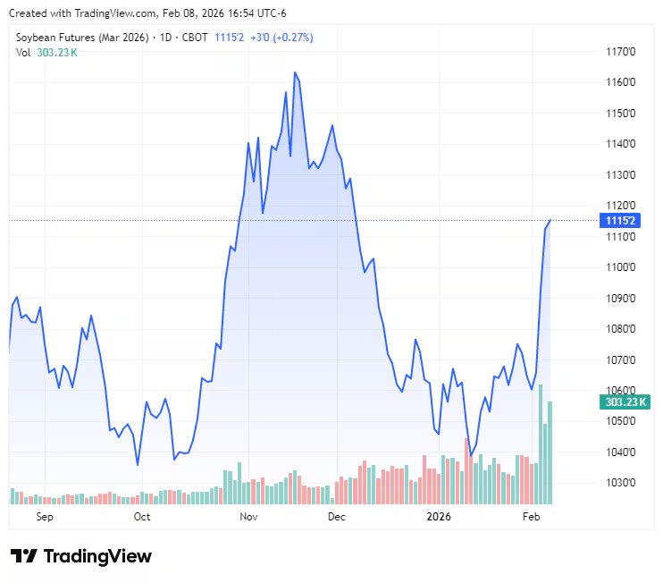 La soja en Chicago ya vivió un momento similar el último noviembre, para terminar devolviendo todas las ganancias de entonces un mes después. Imposible tratar de intuir cómo sigue (CME)