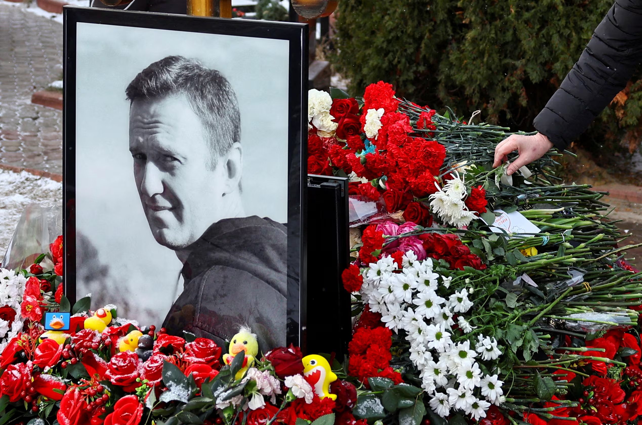 Una persona deposita flores en la tumba del líder de la oposición rusa Alexei Navalny mientras conmemora el primer aniversario de su muerte en un cementerio de Moscú, Rusia, el 16 de febrero de 2025 (REUTERS/Evgenia Novozhenina/Archivo)