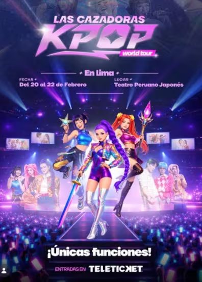 El cartel promocional anuncia el regreso de Las Cazadoras K-Pop a Lima para su gira mundial, con funciones del 20 al 22 de febrero en el Teatro Peruano Japonés.