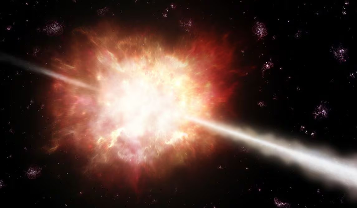 Los brotes de rayos gamma son las explosiones más energéticas del universo después del Big Bang y suelen durar segundos no horas como este caso (NASA)
