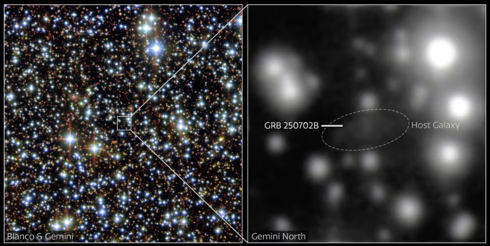 La vista de la izquierda muestra el campo estelar alrededor de la galaxia anfitriona del GRB 250702B. La imagen incorpora observaciones del telescopio Gemini Norte en Hawái y la Cámara de Energía Oscura del Telescopio Víctor M. Blanco de 4 metros en el Observatorio Interamericano de Cerro Tololo en Chile. Derecha: Un primer plano de la galaxia anfitriona, tomado con el telescopio Gemini Norte. (Crédito: Observatorio Internacional Gemini/CTIO/NOIRLab/DOE/NSF/AURA)