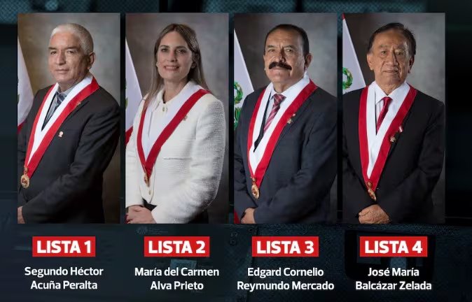 Retratos de Héctor Acuña, Maricarmen Alva, Edgard Reymundo y José María Balcázar, quienes se postulan para asumir la presidencia interina del Congreso peruano.