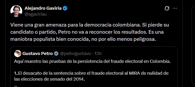 Alejandro Gaviria aseguró que el presidente Gustavo Petro no reconocerá los resultados y calificó el supuesto panorama como populista - crédito @agaviriau/X