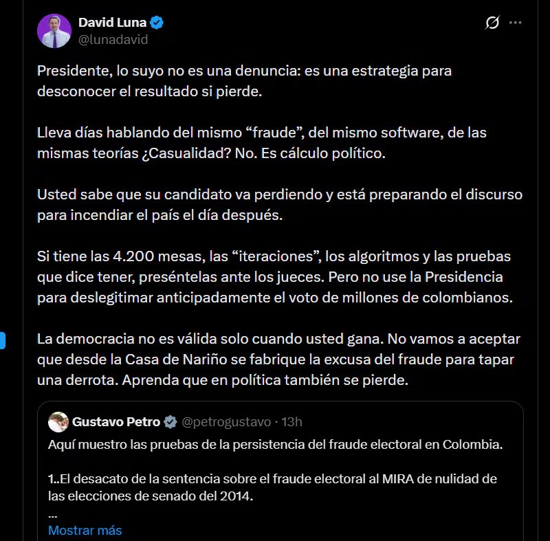 David Luna afirmó que no aceptarán la supuesta fabricación de una excusa de fraude electoral en Colombia - crédito @lunadavid/X