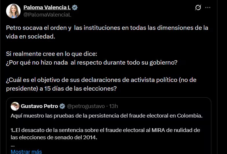 Paloma Valencia le preguntó al presidente Petro por qué no hizo nada durante sus cuatro años de gobierno - crédito @PalomaValenciaL/X