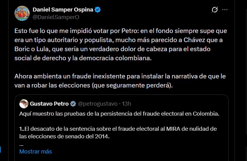 Daniel Samper Ospina acusó al presidente Petro de crear un ambiente de fraude e “instalar una narrativa” de que le robarán las elecciones - crédito @DanielSamperO/X