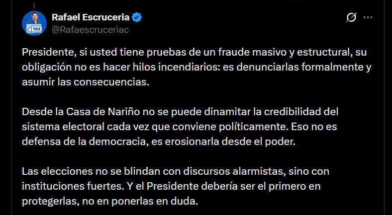 Rafael Escruceria le pidió al presidente Petro realizar las denuncias formales en vez de realizar hilos en su cuenta oficial de X - crédito @Rafaescruceriac/X