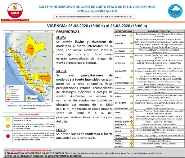 El Instituto Nacional de Defensa Civil difundió el aviso de corto plazo N.° 056-2026-INDECI/COEN con vigencia de 24 horas. Facebook: Centro de Operaciones de Emergencia Nacional