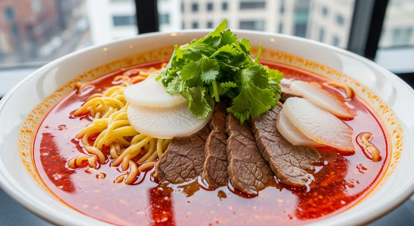 Lanzhou lamian es famoso por sus fideos de trigo estirados a mano y caldo claro de res, sigue el principio visual de los cinco colores (Imagen Ilustrativa Infobae)