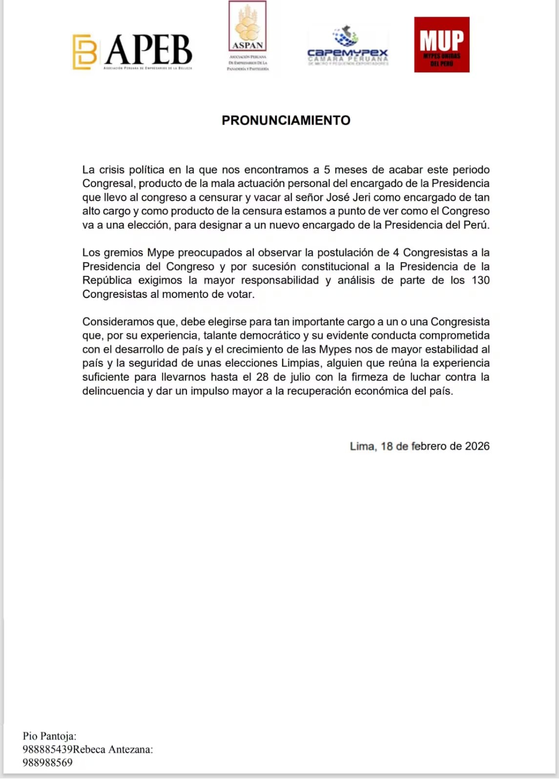 Empresarios del sector Mype demandan políticas eficaces que protejan el empleo y faciliten la reactivación económica ante el actual escenario de crisis política en Perú.

