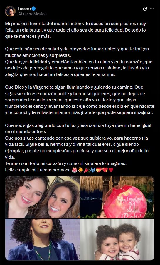 Lucero celebra el cumpleaños de su hija Lucerito Mijares con emotivos mensajes en redes sociales que muestran su cercanía. Crédito: (X/@LuceroMexico)