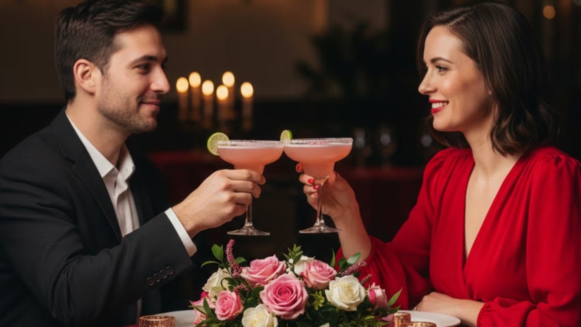 Amigos y parejas celebrando con margaritas rosas en una fiesta temática de San Valentín, ambiente alegre y festivo.
(Gemini)