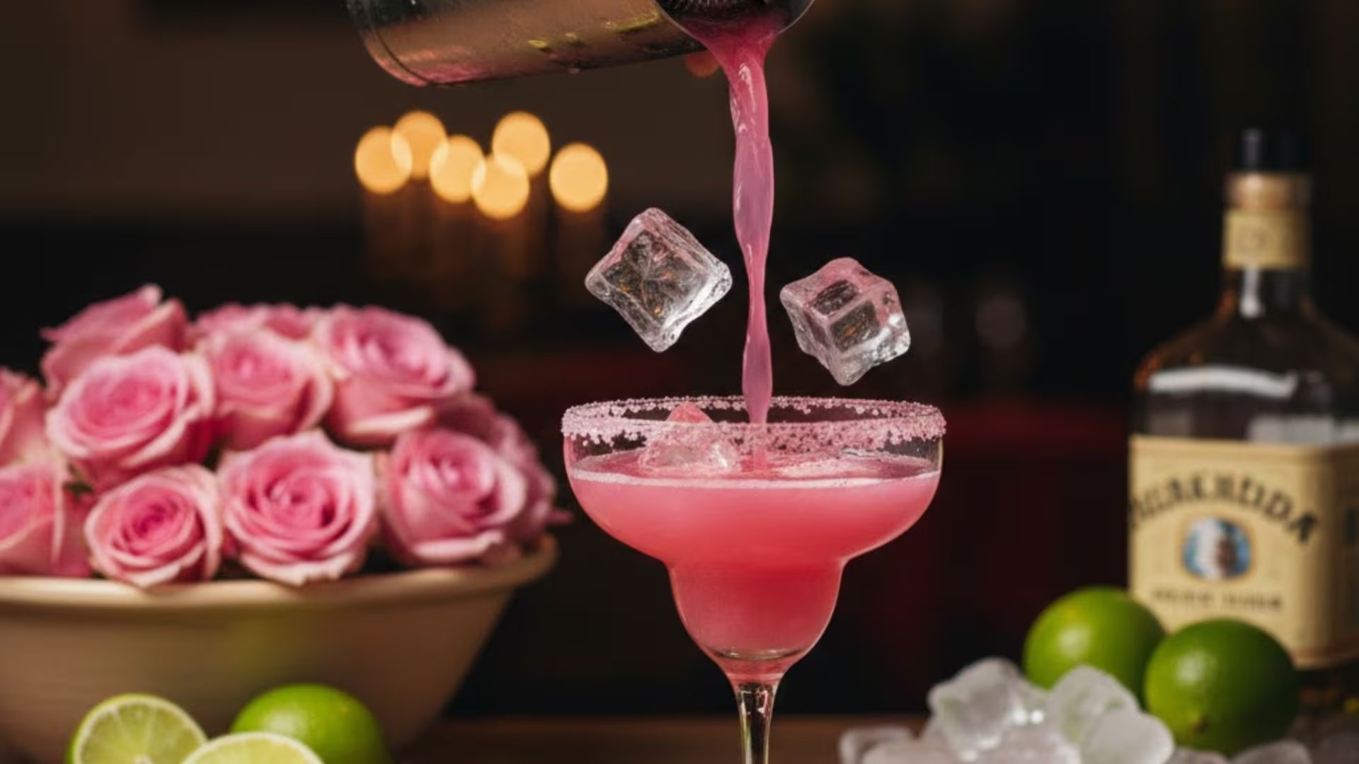 Amigos y parejas celebrando con margaritas rosas en una fiesta temática de San Valentín, ambiente alegre y festivo.
(Gemini)