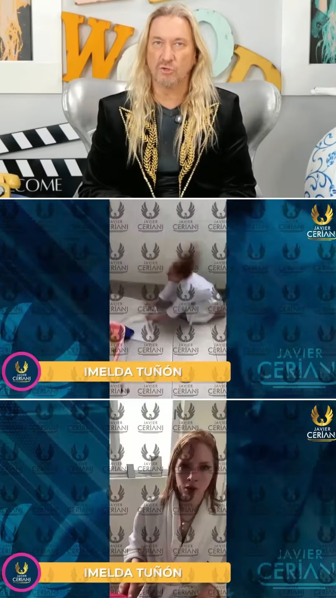 Un collage televisivo presenta al presentador Javier Ceriani y a Imelda Tuñón en dos segmentos distintos, uno realizando una actividad y otro hablando a cámara (@javierceriani)