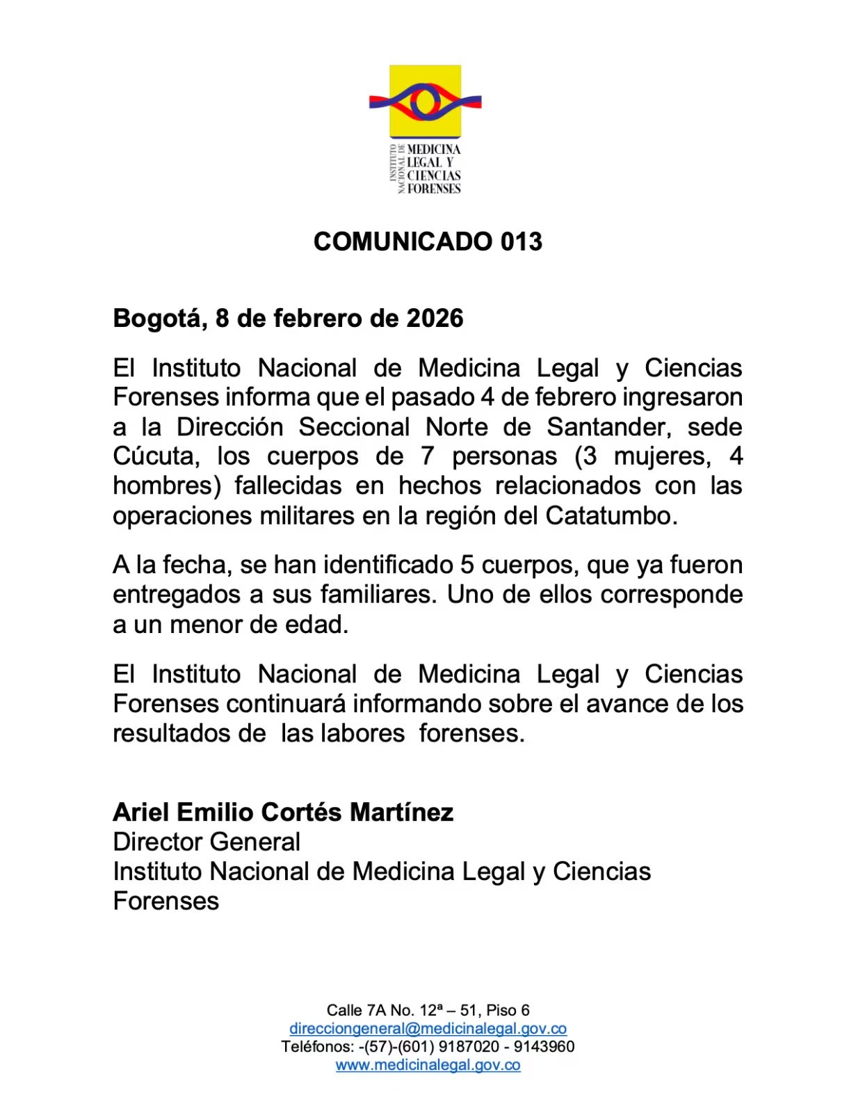 Medicina Legal confirmó la muerte de un menor de edad tras las operaciones militares contra el ELN en Catatumbo, Norte de Santander - crédito Medicina Legal