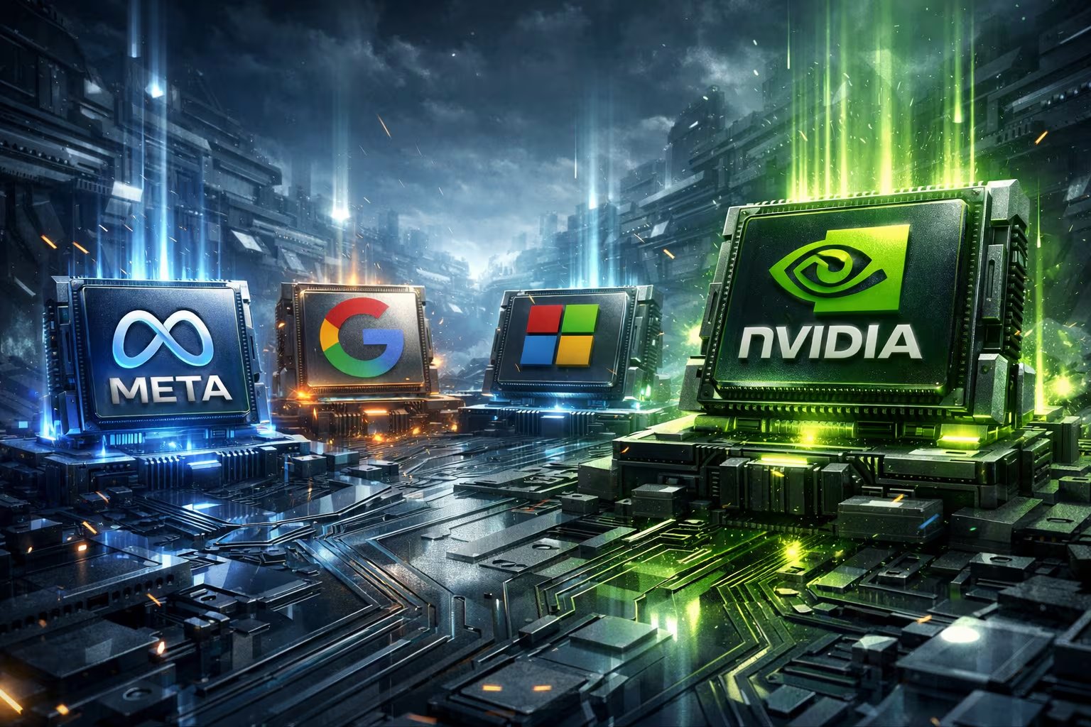 Ilustración digital de una batalla tecnológica entre Meta, Google, Microsoft y Nvidia en el desarrollo de chips avanzados de IA. (Imagen Ilustrativa Infobae)