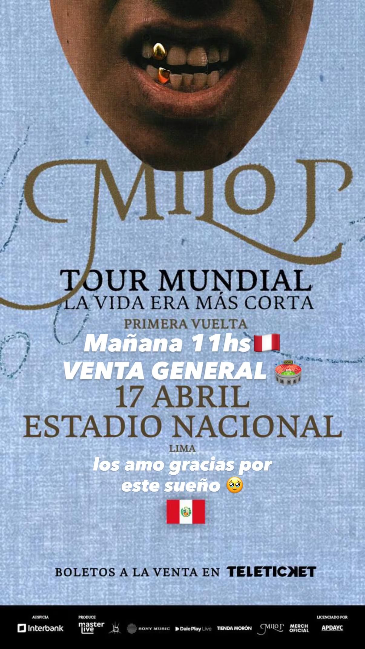 Milo J emocionado compartió historia el traslado de concierto al Estadio Nacional de Lima. IG