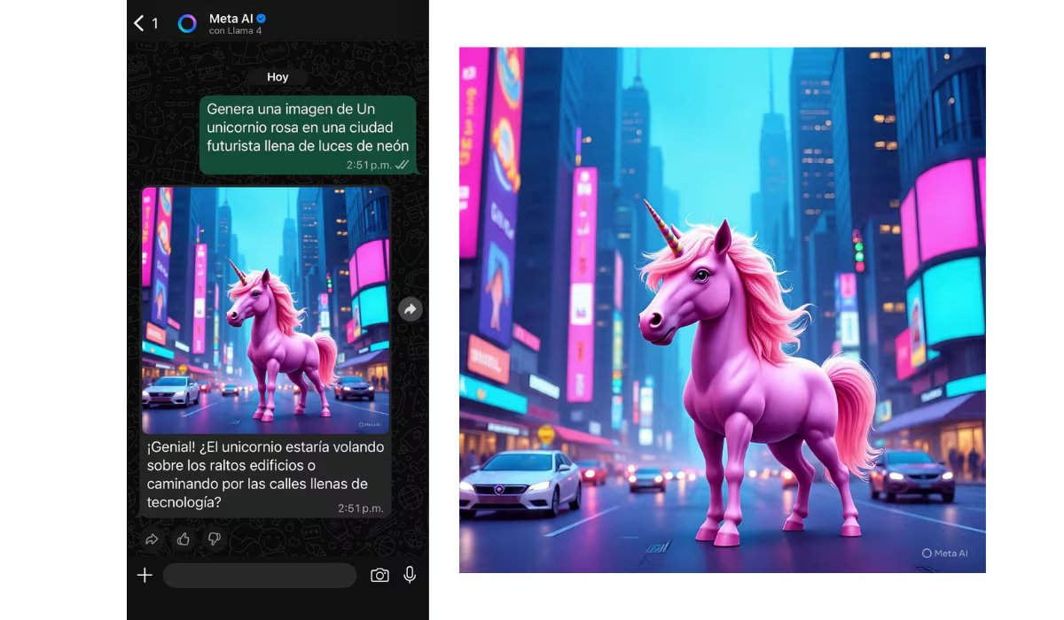 Solo escribe prompts creativos para que la IA produzca imágenes de unicornios y otras fantasías. (WhatsApp / Meta AI)