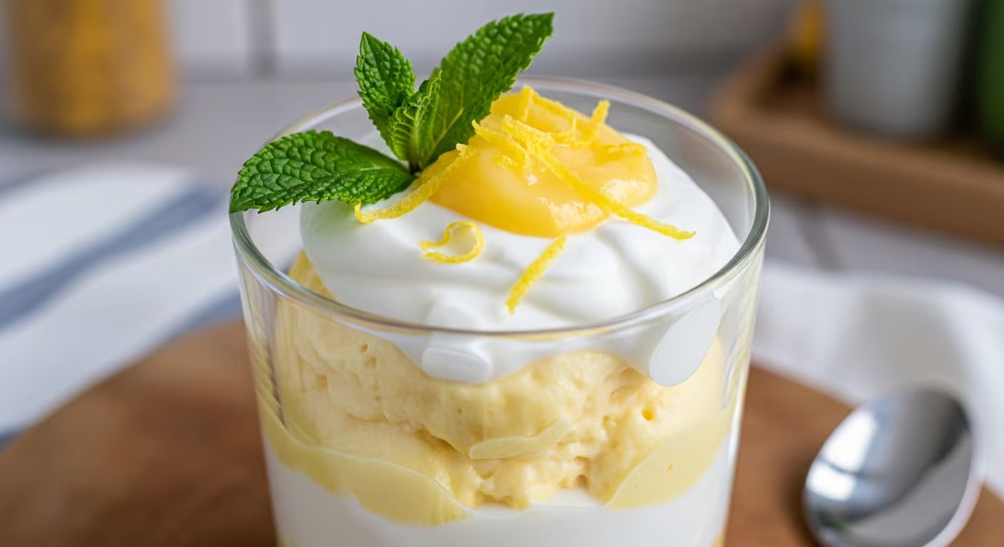 Vaso de mousse de limón con yogur griego decorado con ralladura de limón y hojas de menta fresca. (Imagen Ilustrativa Infobae)