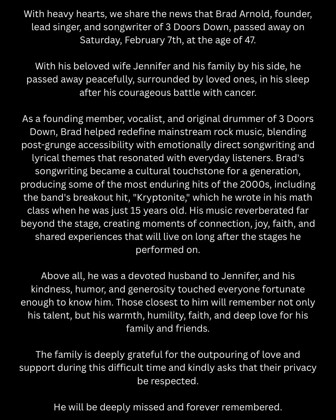 El grupo confirmó la noticia del fallecimiento a través de un emotivo mensaje en redes sociales. (Instagram/3 Doors Down)