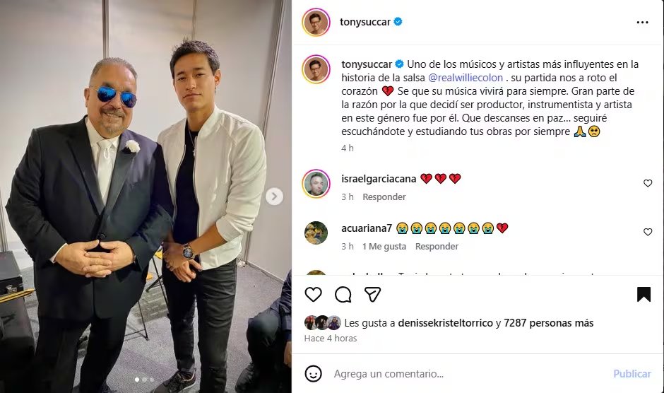 El músico Tony Succar posa en un evento, dedicando un emotivo mensaje de despedida al icónico salsero Willie Colón, reconociendo su influencia en la música latina. (Tony Succar)
