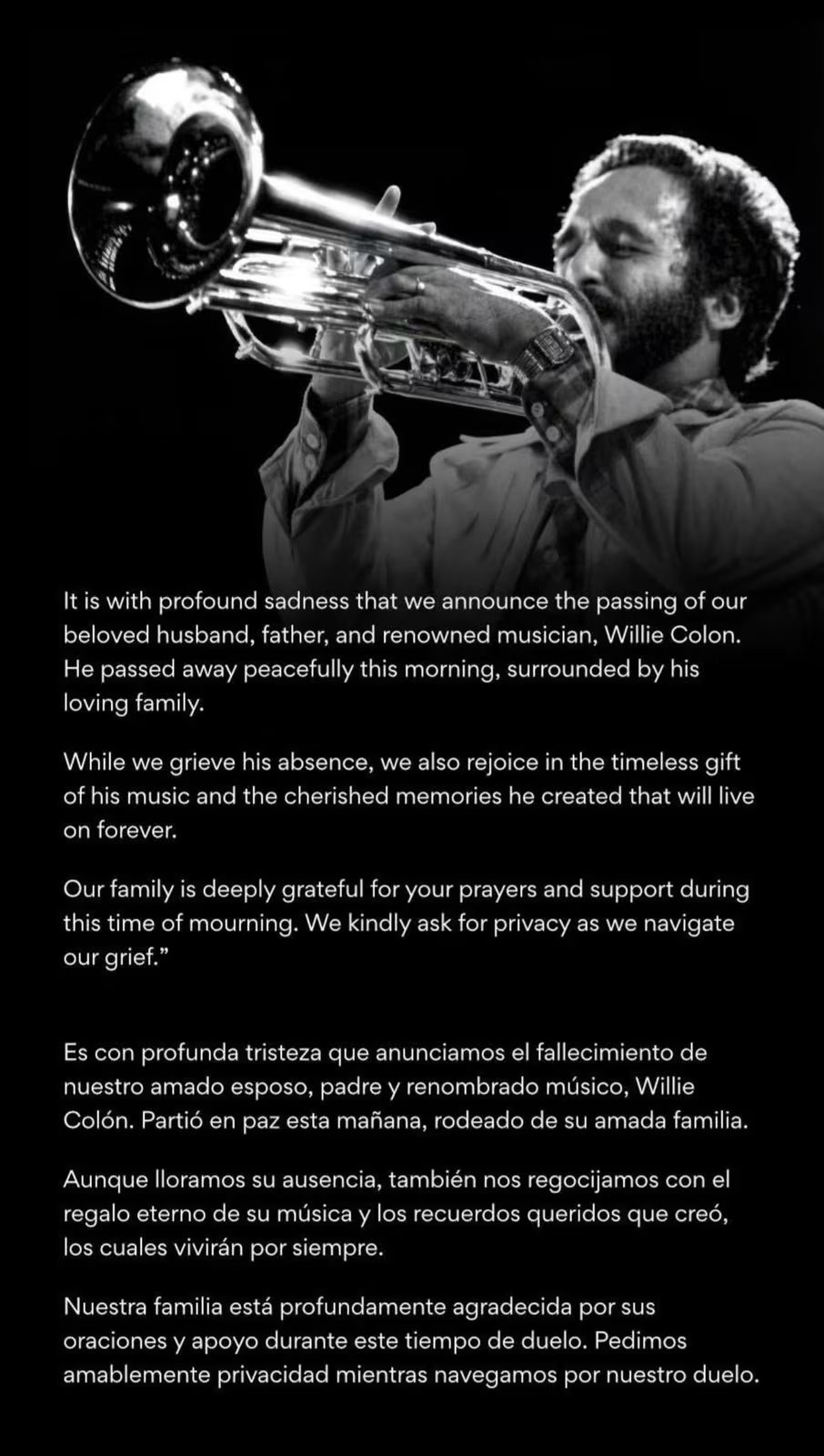 La familia del cantante confirmó la noticia por medio de un comunicado con el que lamentaron la muerte del cantante de 75 años - crédito Willie Colón / Facebook