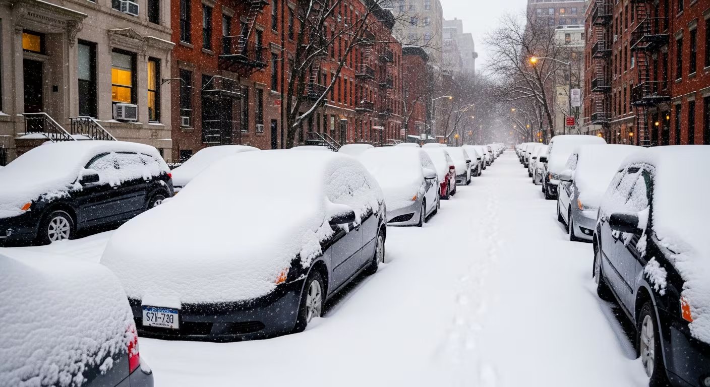 Una intensa nevada deja autos completamente cubiertos en una calle residencial de Nueva York