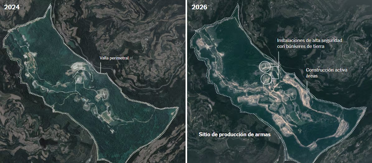 Imágenes satelitales revelan la rápida expansión de un presunto sitio de producción de armas en el condado de Zitong entre 2024 y 2026 (Fuente: Imágenes satelitales de Airbus y Planet Labs/NYT)