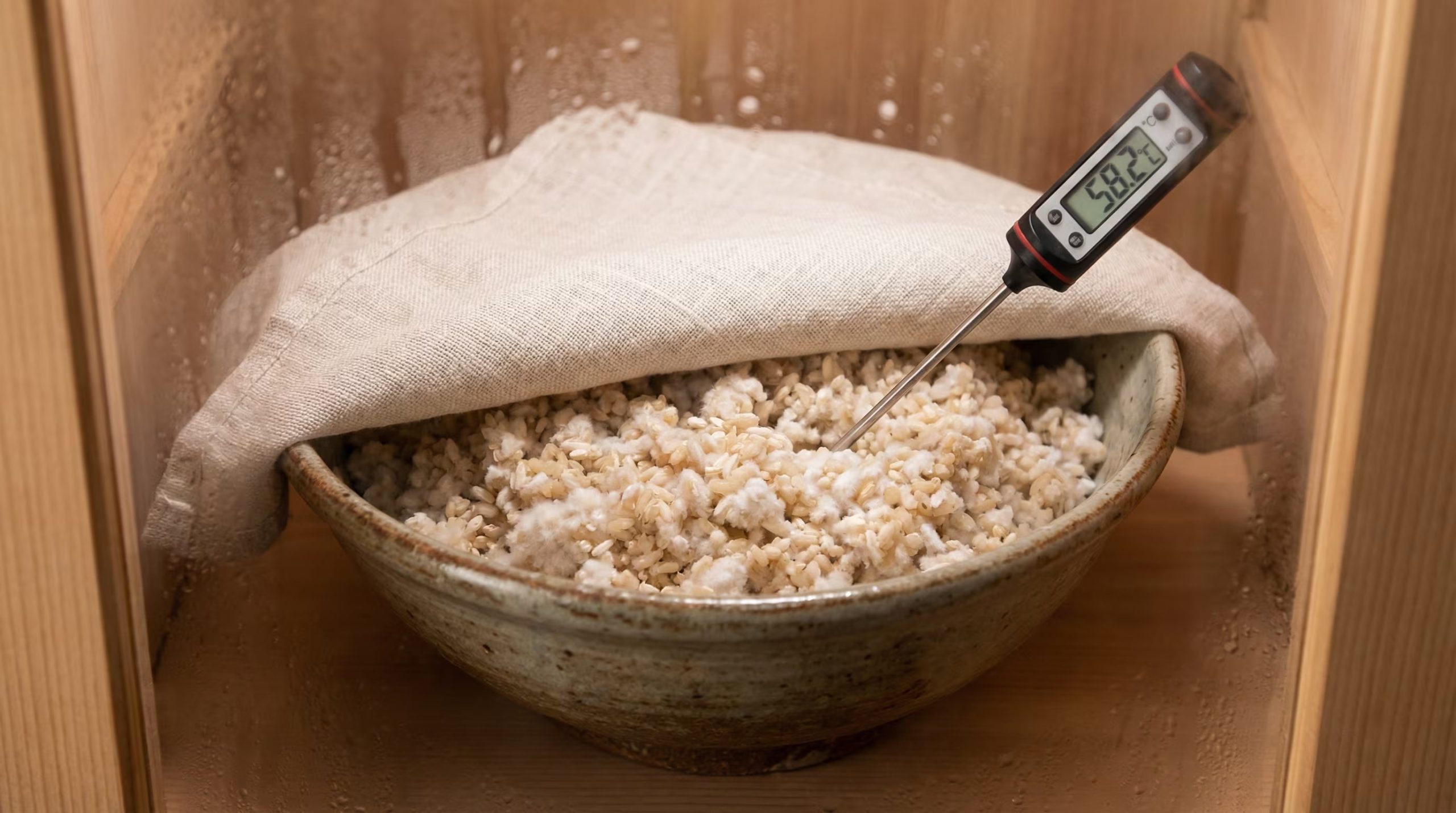 Fermentación a temperatura controlada: la mezcla de arroz y koji reposa entre 55 y 60 °C durante varias horas, desarrollando su dulzura característica y textura cremosa
 (Imagen Ilustrativa Infobae)